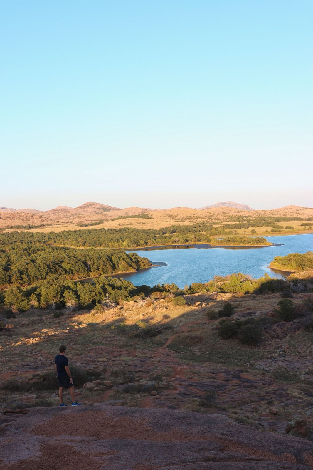 Scenic view of the Wichita Mountains and a lake in southwest Oklahoma